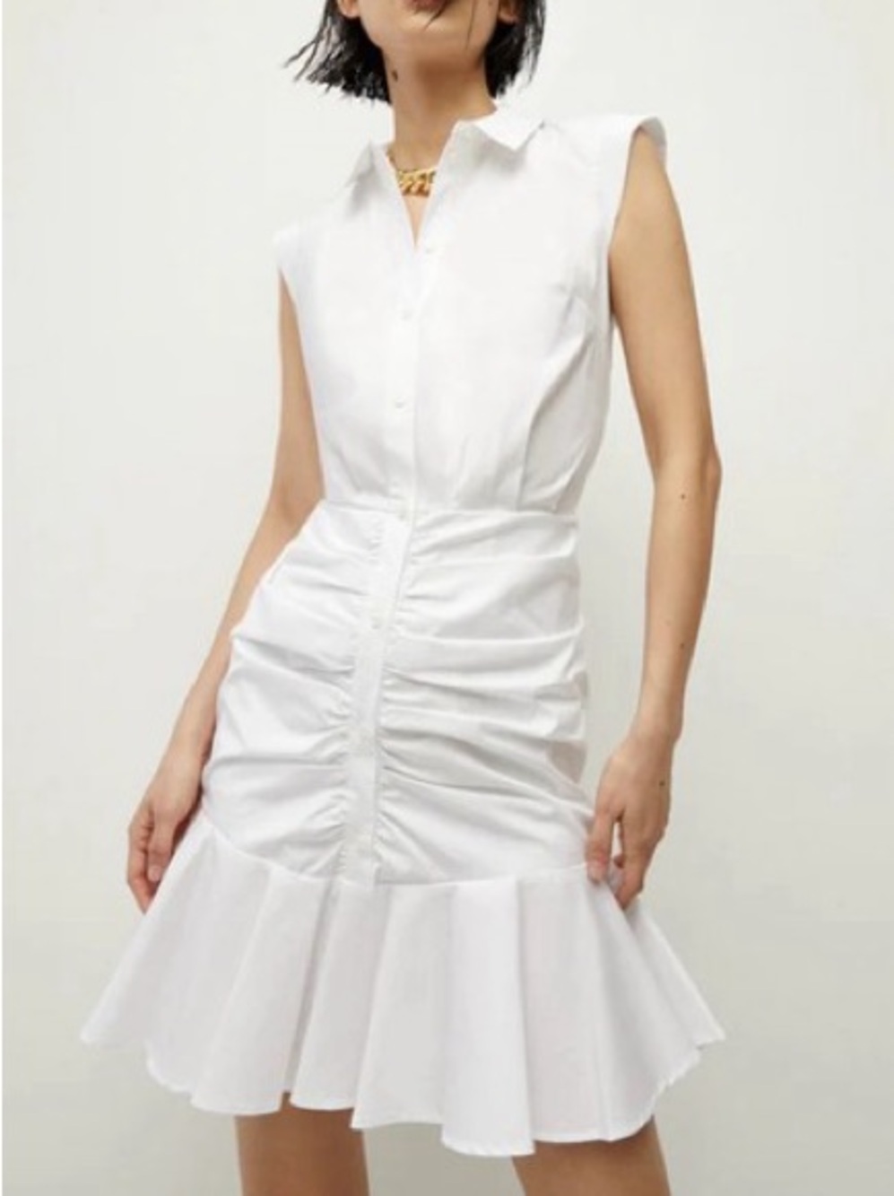 Veronica Beard White Cotton Poplin Ruched Sleeveless Shirt Dress Size 12